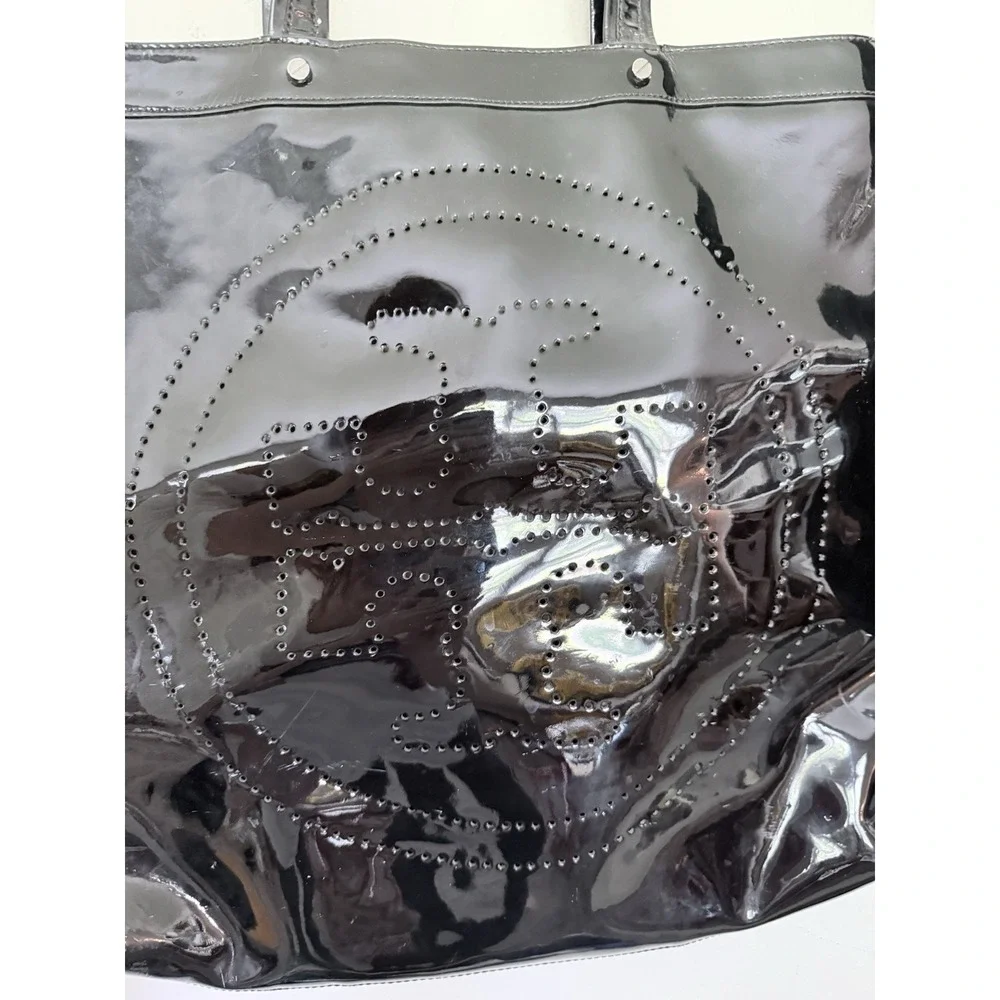 Tory Burch Black Patent Leather Monogram Tote Bag 17x17 Large Carry All Classic